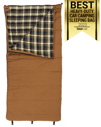 Redwood -10 - Tan - Front profile with top pulled back with award for "Best Heavy-Duty Car Camping Sleeping Bag" 2023 - Gear Lab