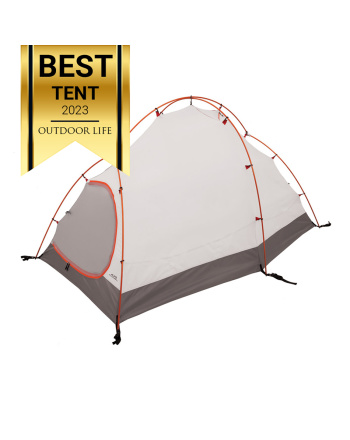 Tasmanian 2 - Orange/Gray - Quarter front profile no fly with "Best Ultralight Tent" banner from Outdoor Life
